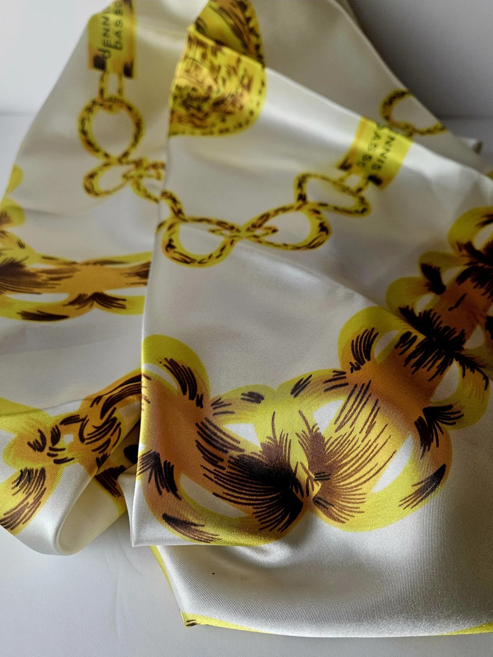 Dennis Basso Silk Scarf Yellow Gold Chain Link Print Vintage Square Wrap